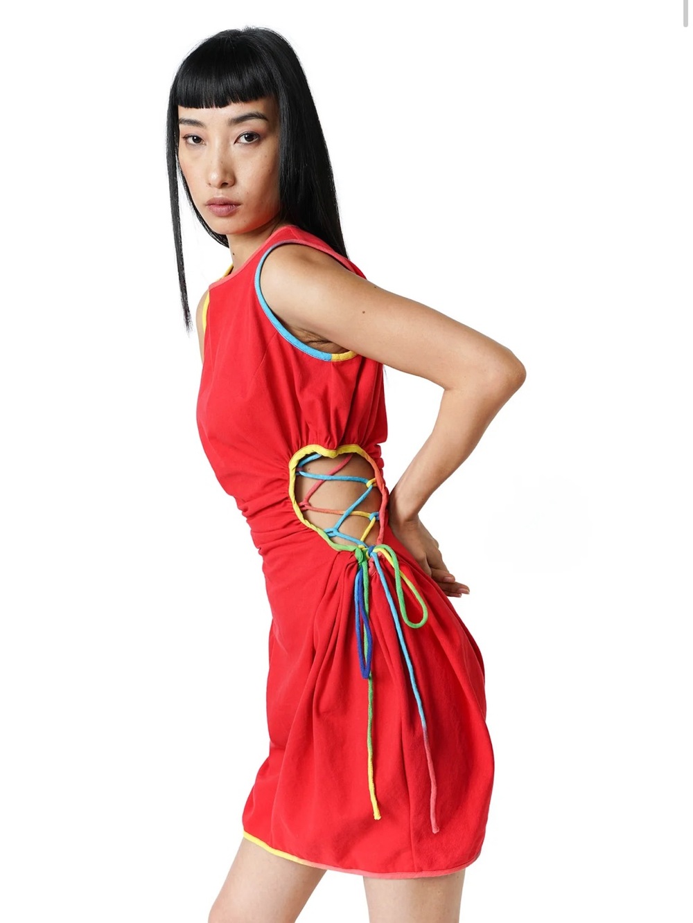 Norblack Norwhite Handmade Adjustable Red Cut Off Dress in L